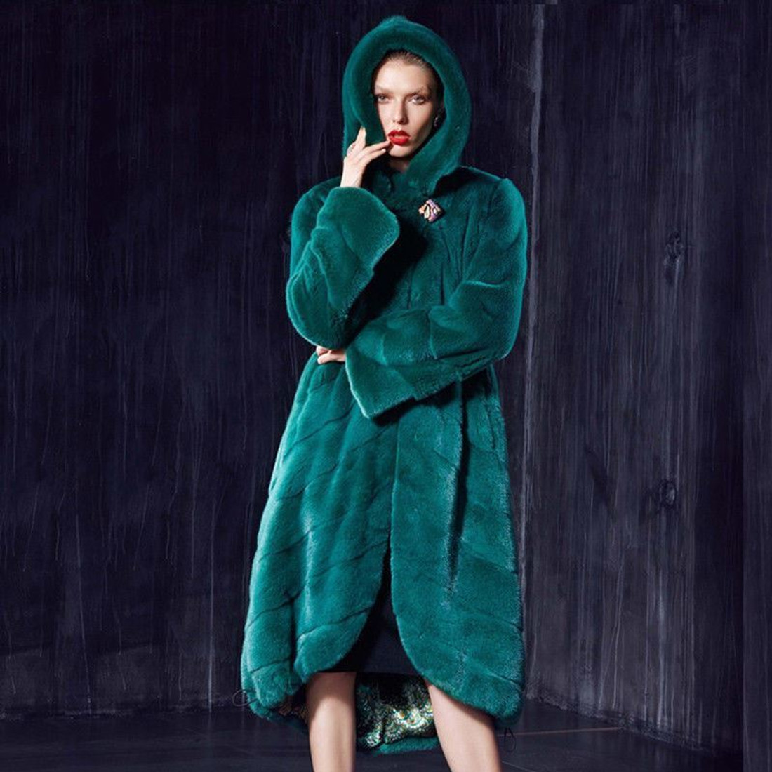 Hooded  Green Mink Or Navy Blue Saga Fur Coat Full Skin Small /Medium /LArge