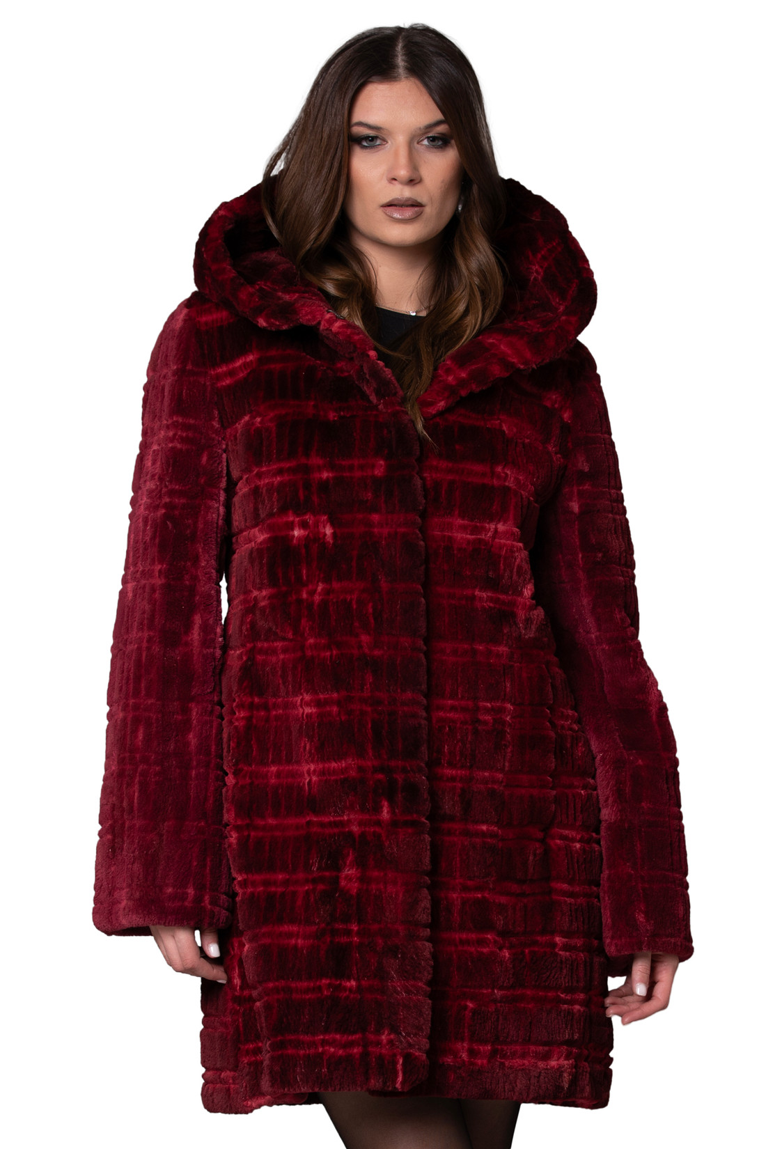 Red Sculpted Mink Coat Hooded