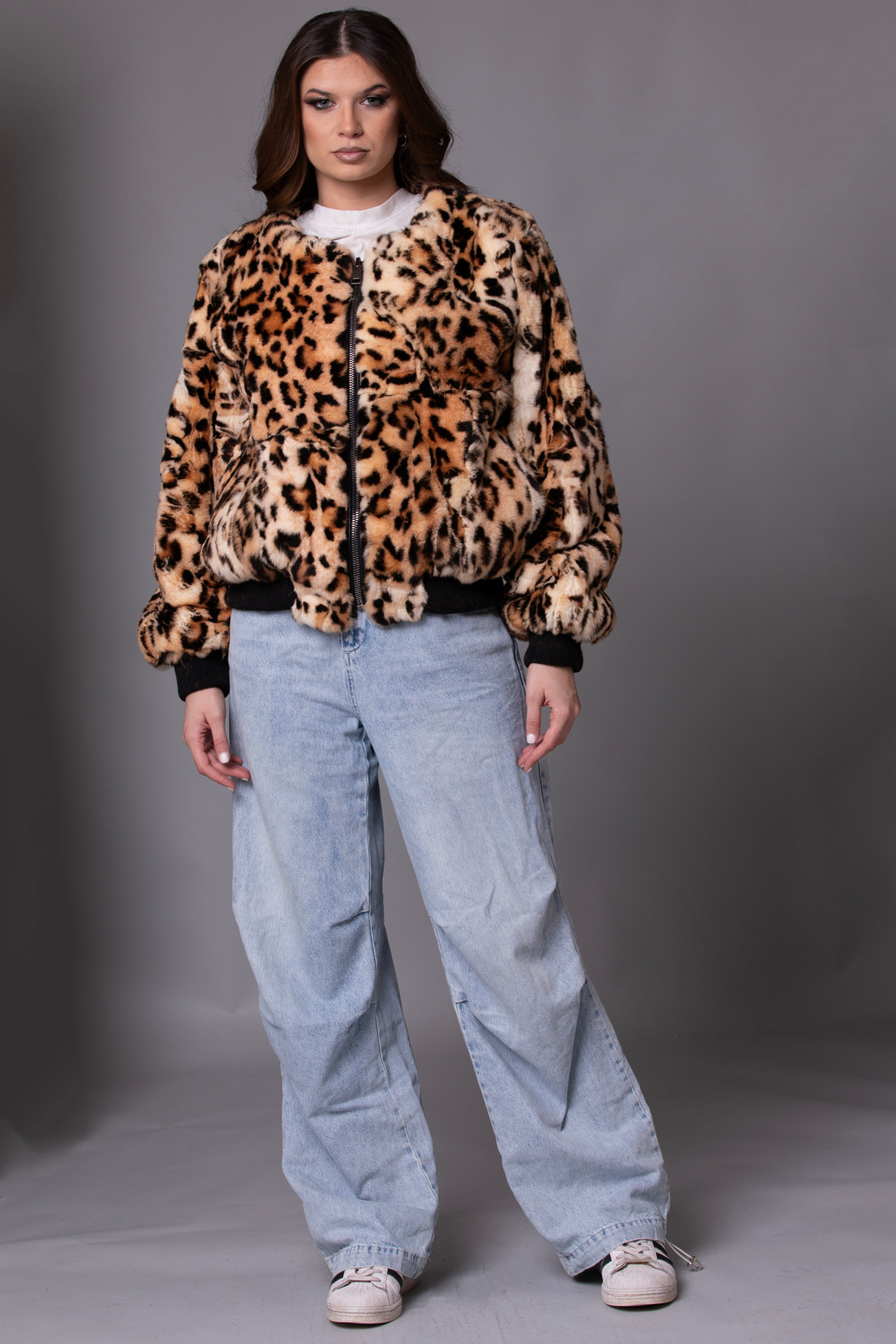 Unisex  Leopard Print Rex Fur Bomber Jacket Sizes S/M
