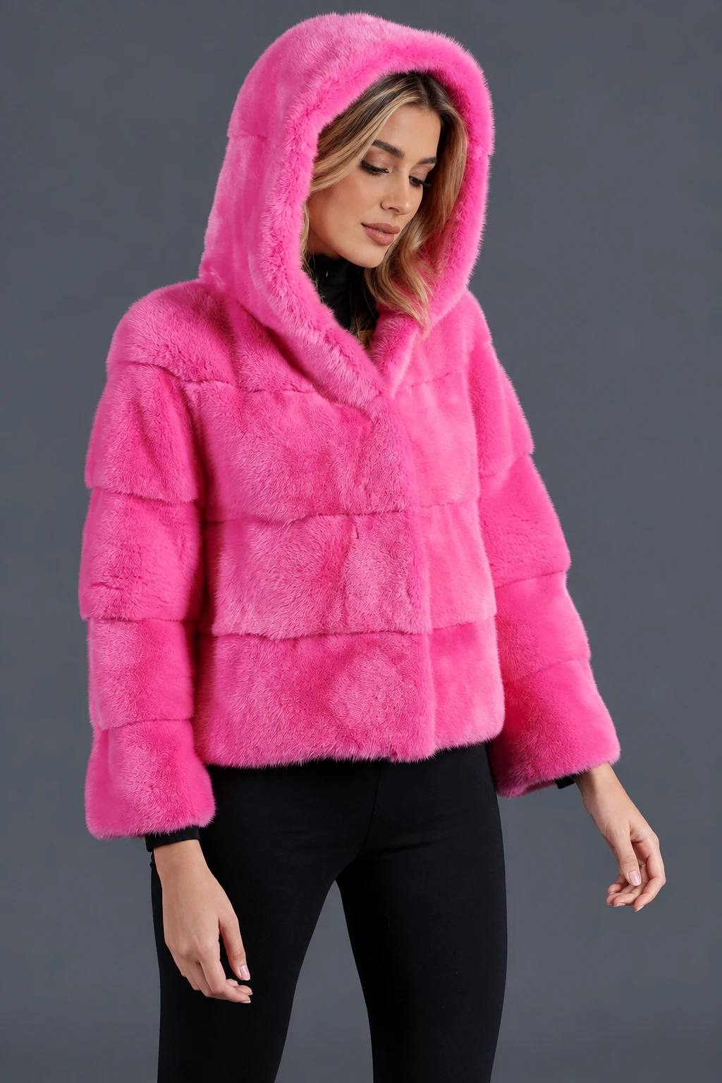 Pink Mink Fur Hooded Jacket  Adah