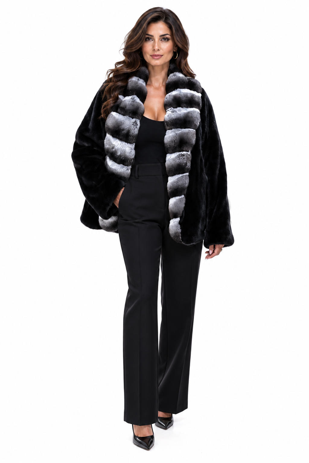 Black Mink Chinchilla Fur Coat Evelyn 