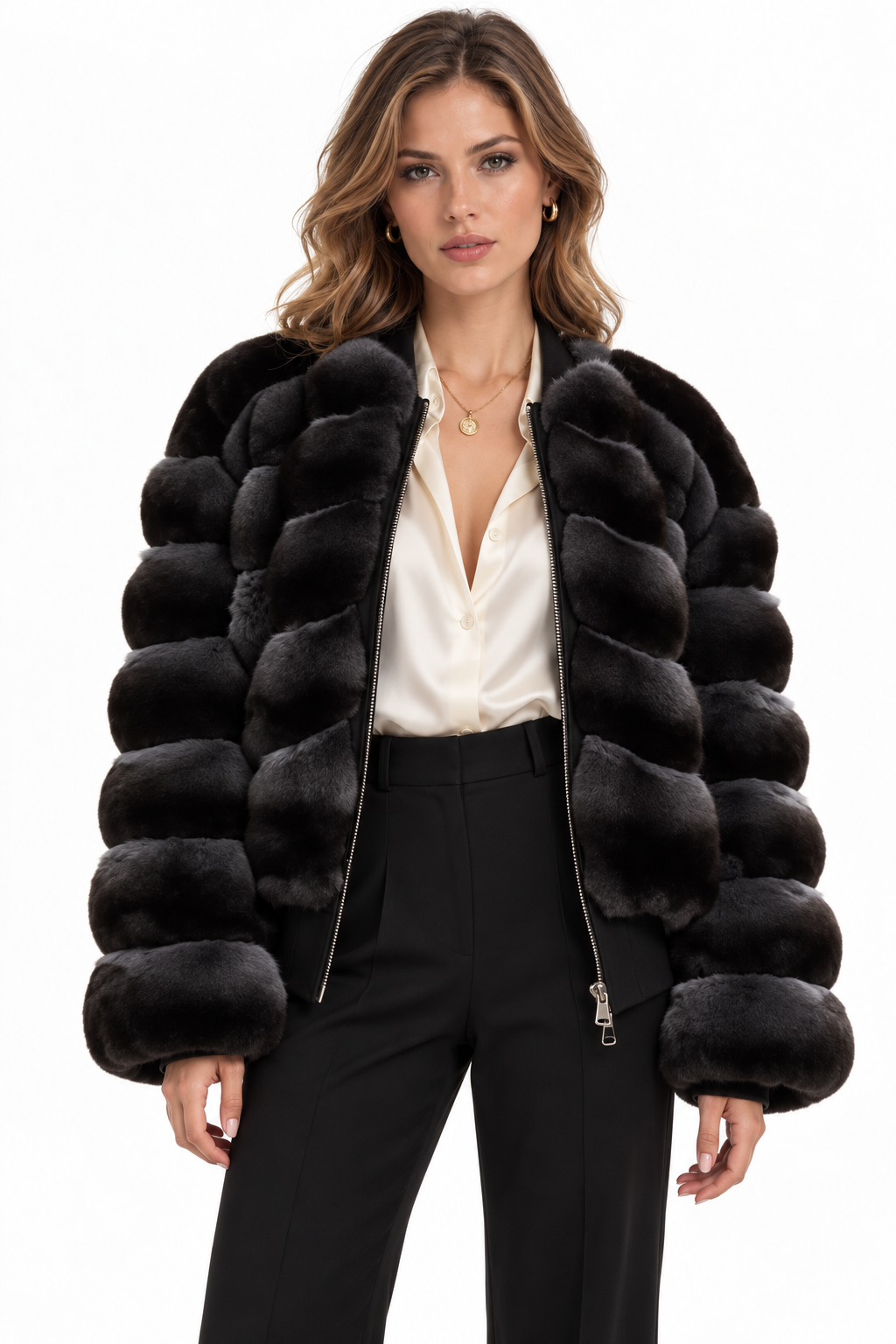 Gray Black Chinchilla Bomber Jacket  Zerah