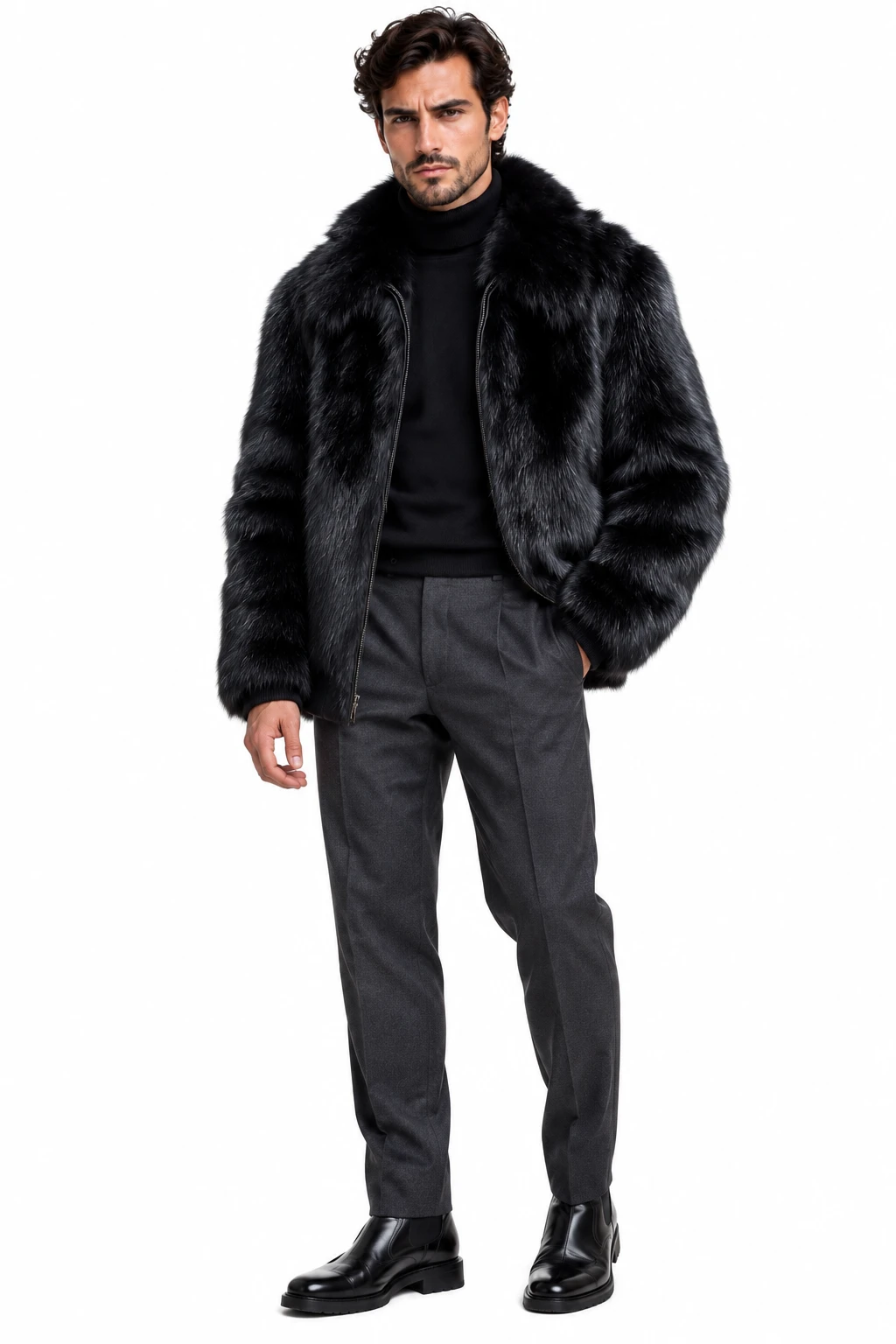 Mens Black Fox Fur Jacket