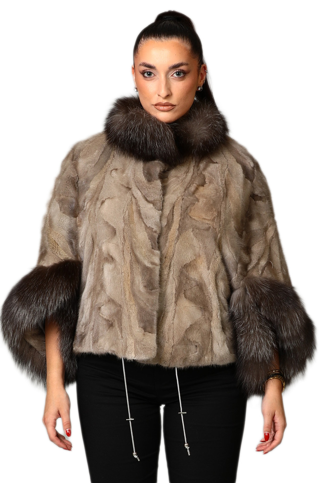 Beige Mink Fur Cape Fox Fur Trim