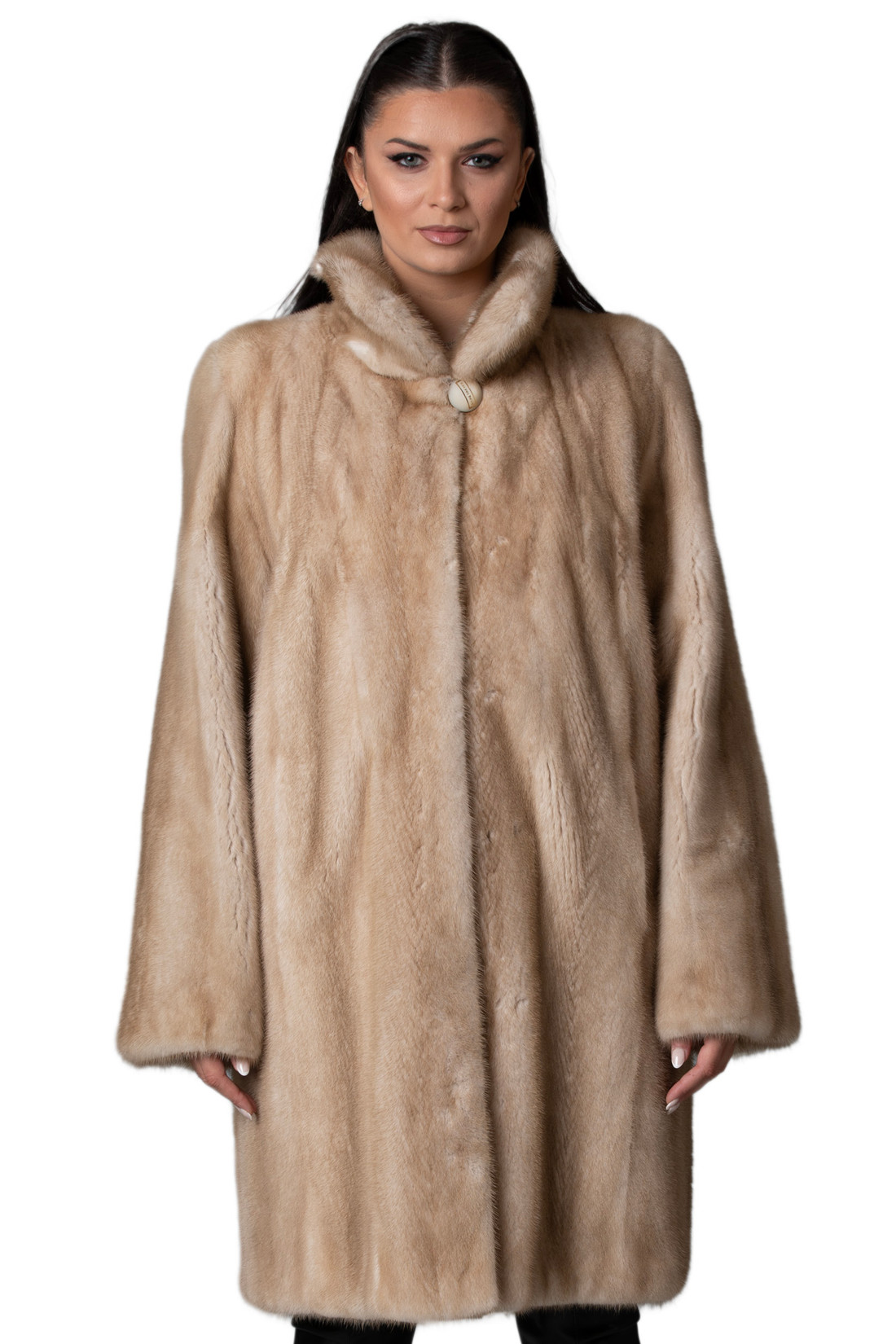 Beige Mink Fur  Coat  Stand Up Collar