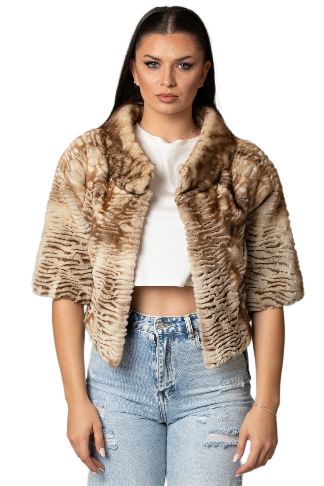 Sculpted Mink Fur Jacket Cropped Sleeves Behati
