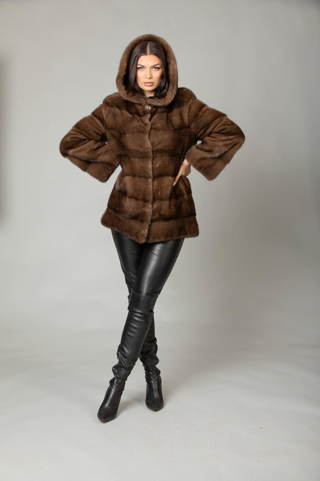 Hooded Mink Fur Coat Mahogany  