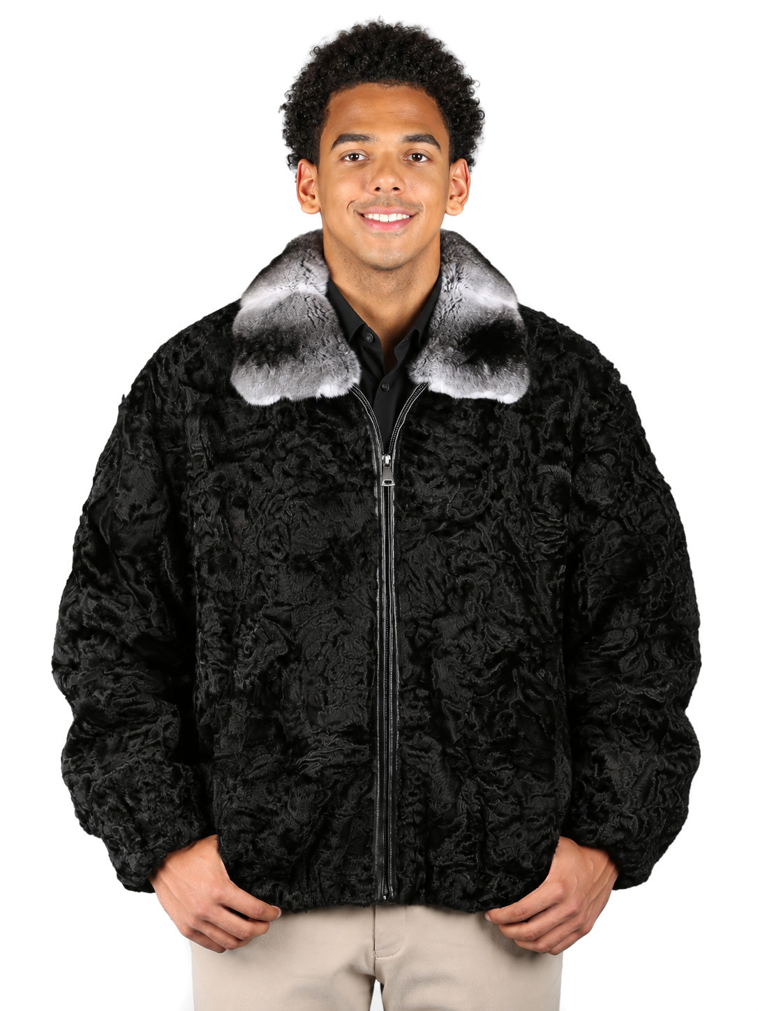 Persian Lamb Fur Bomber Jacket  Rex Chinchilla Fur Collar 