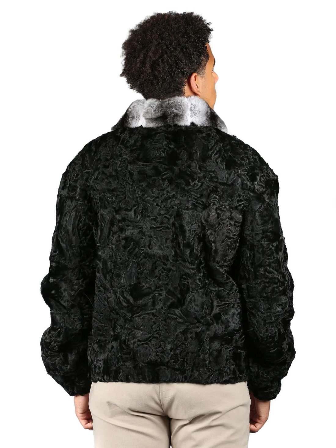 Persian Lamb Fur Bomber Jacket  Rex Chinchilla Fur Collar 