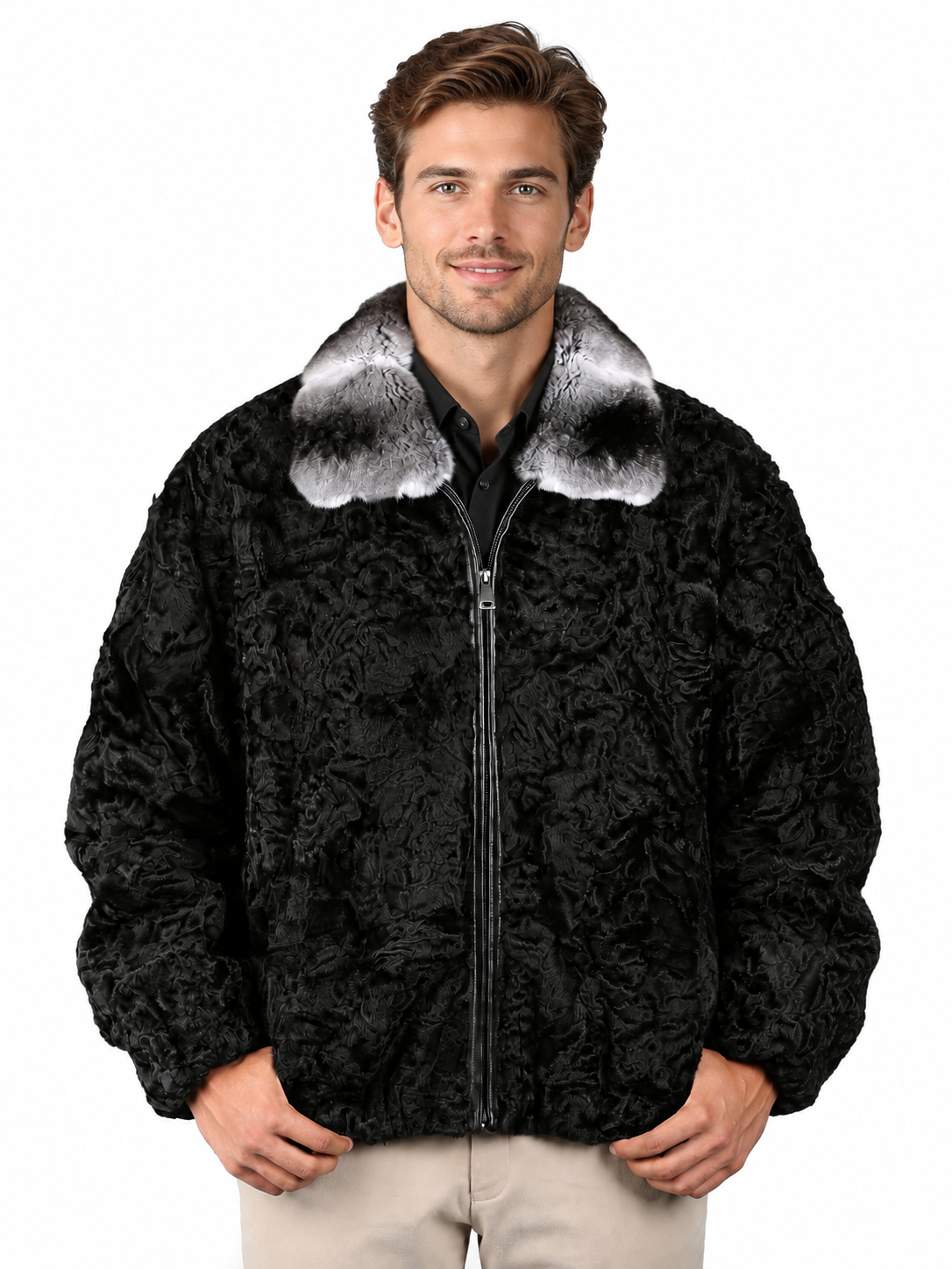 Persian Lamb Fur Bomber Jacket  Rex Chinchilla Fur Collar 