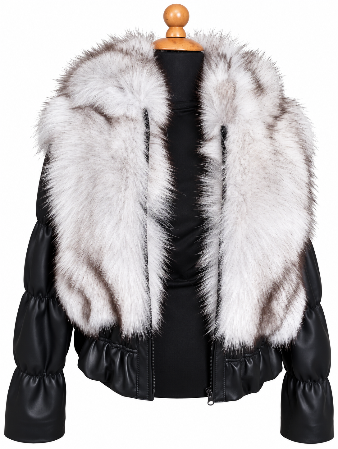 Blue Fox Fur Jacket Hood leather sleeves and waist