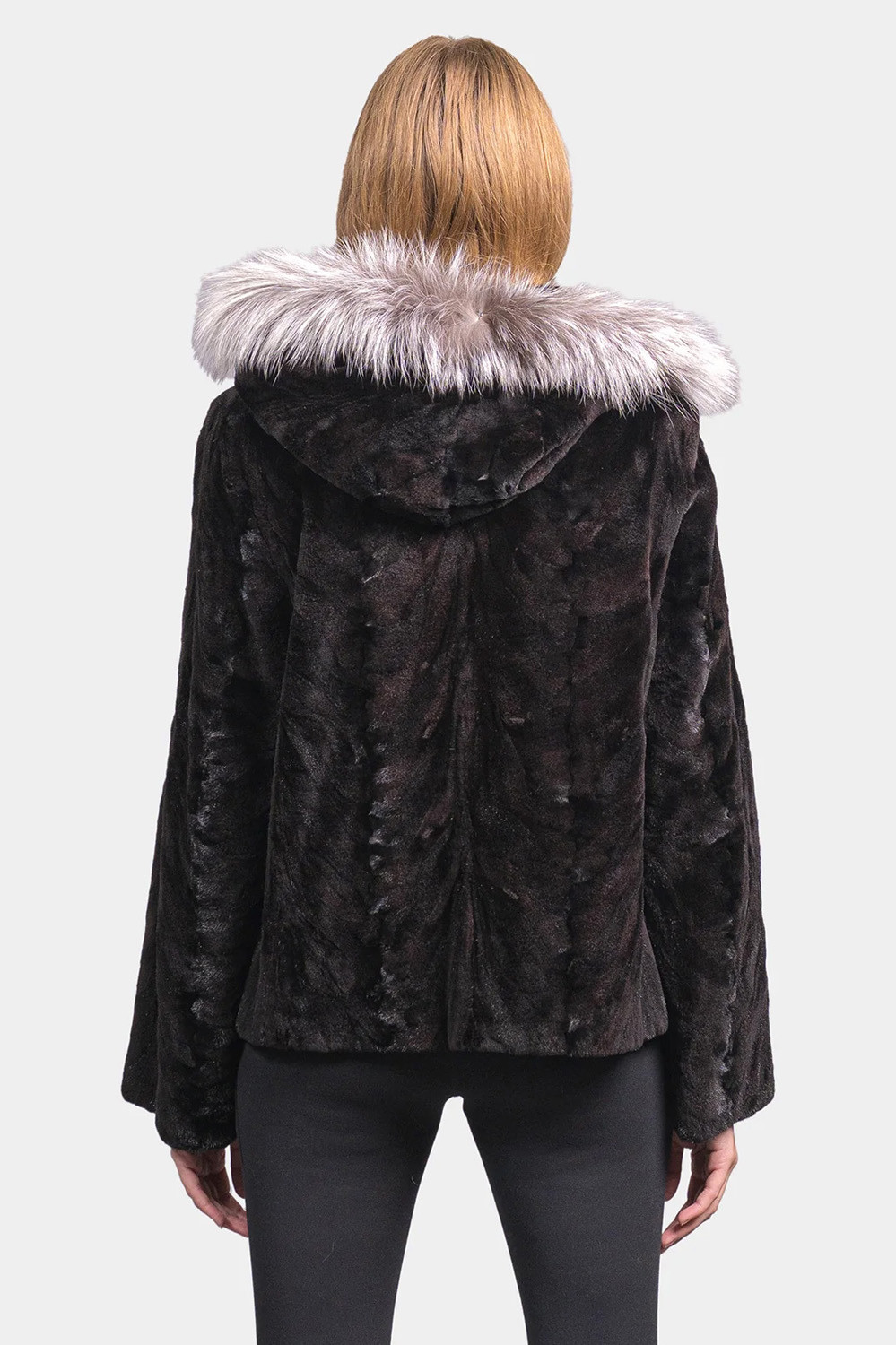 Black Herringbone Mink Hooded Jacket