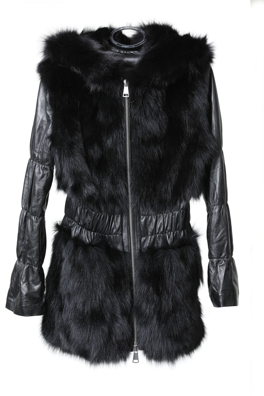 Black Fox Fur Jacket Hood leather sleeves
