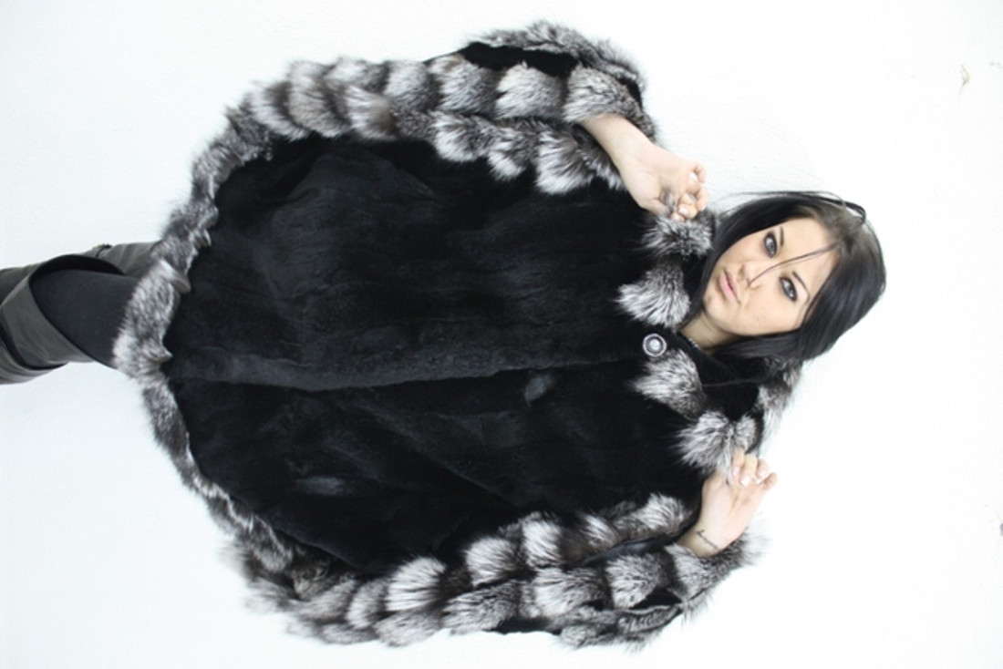 Fur Cape Black Rex Rabbit & Silver Fox Trim