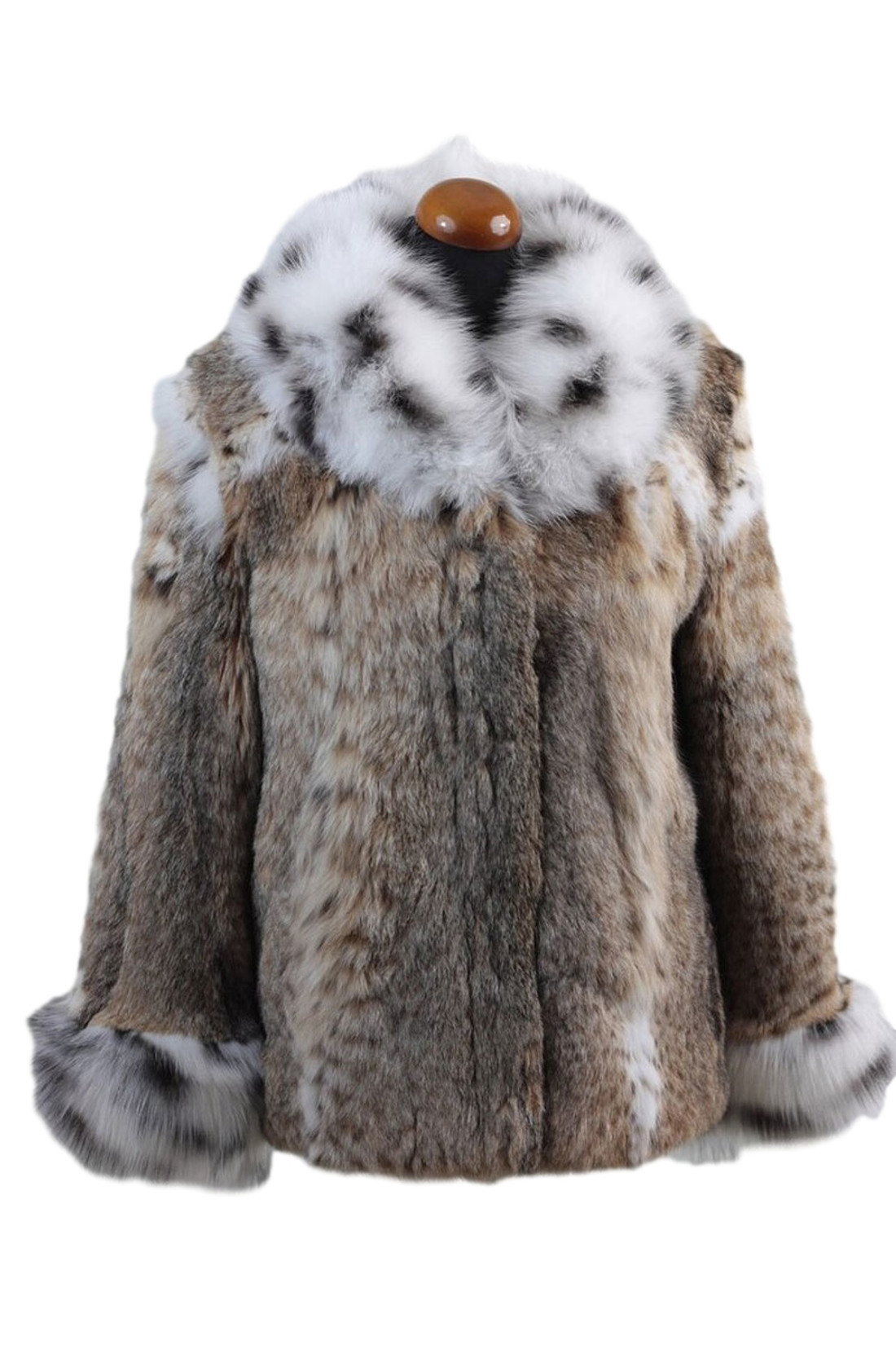 lynx fur coat with white spotted fox fur shawl collar and cuffs front view