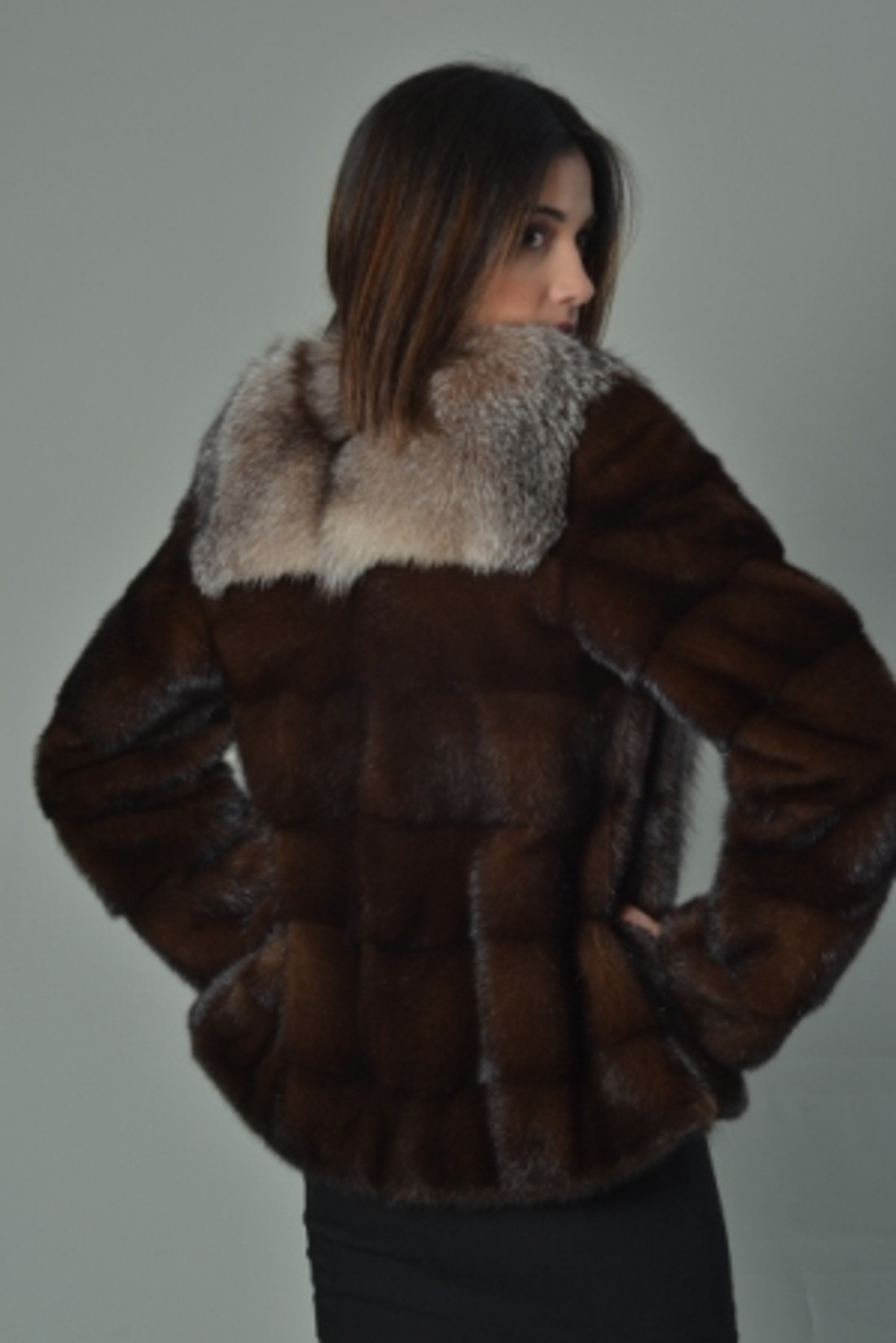 brown mink fur coat with crystal fox fur collar back view