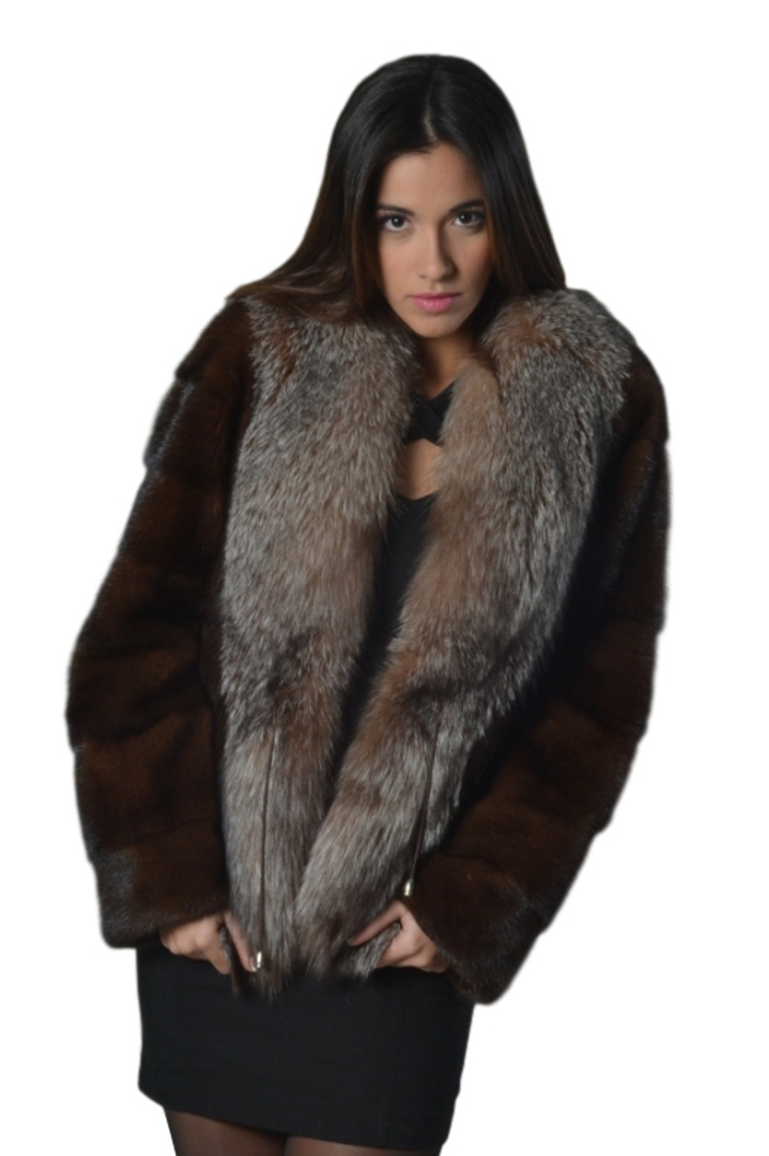 mahogany mink fur coat with crystal fox collar front view