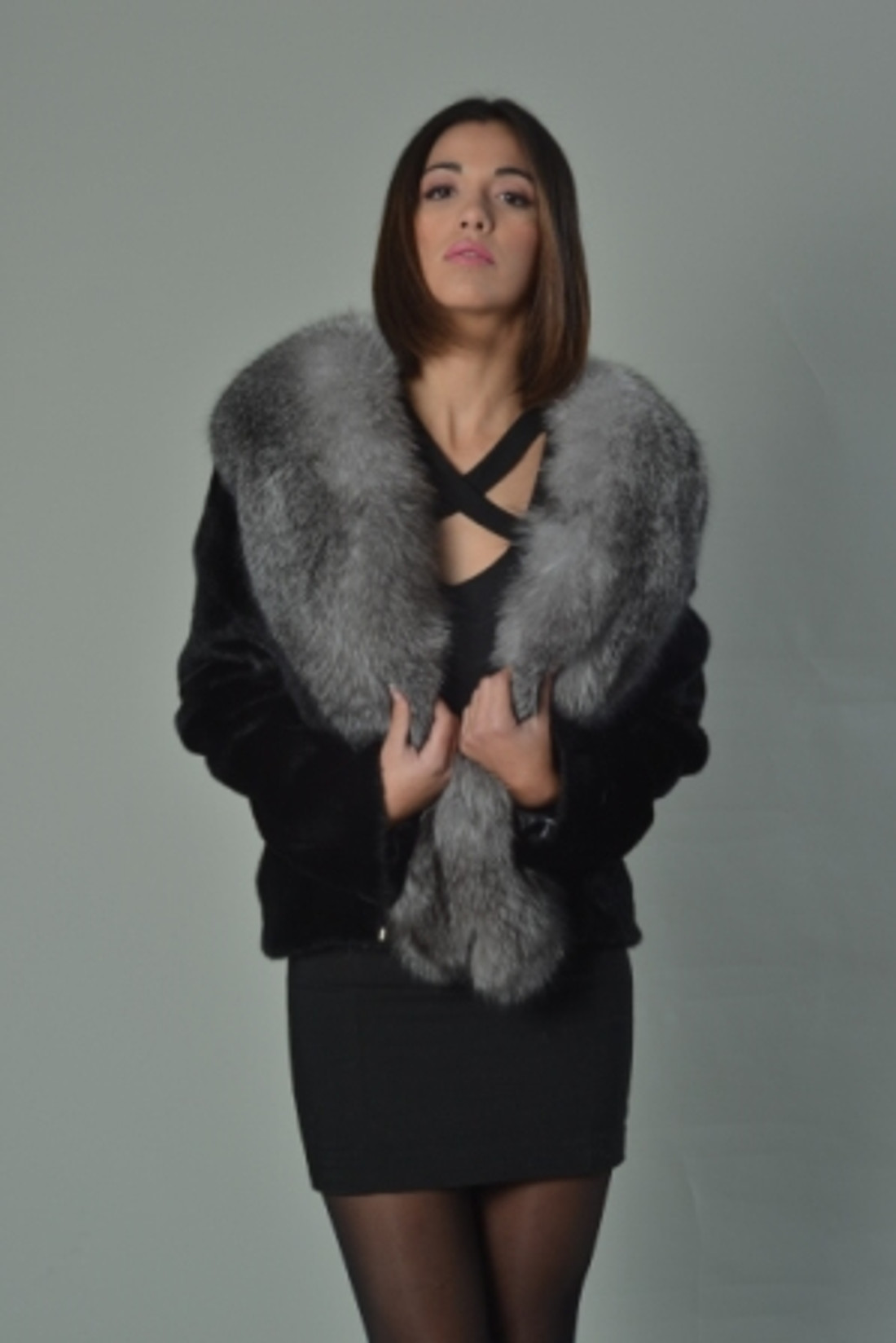 Black Mink Fur Coat Silver Fox Fur Collar