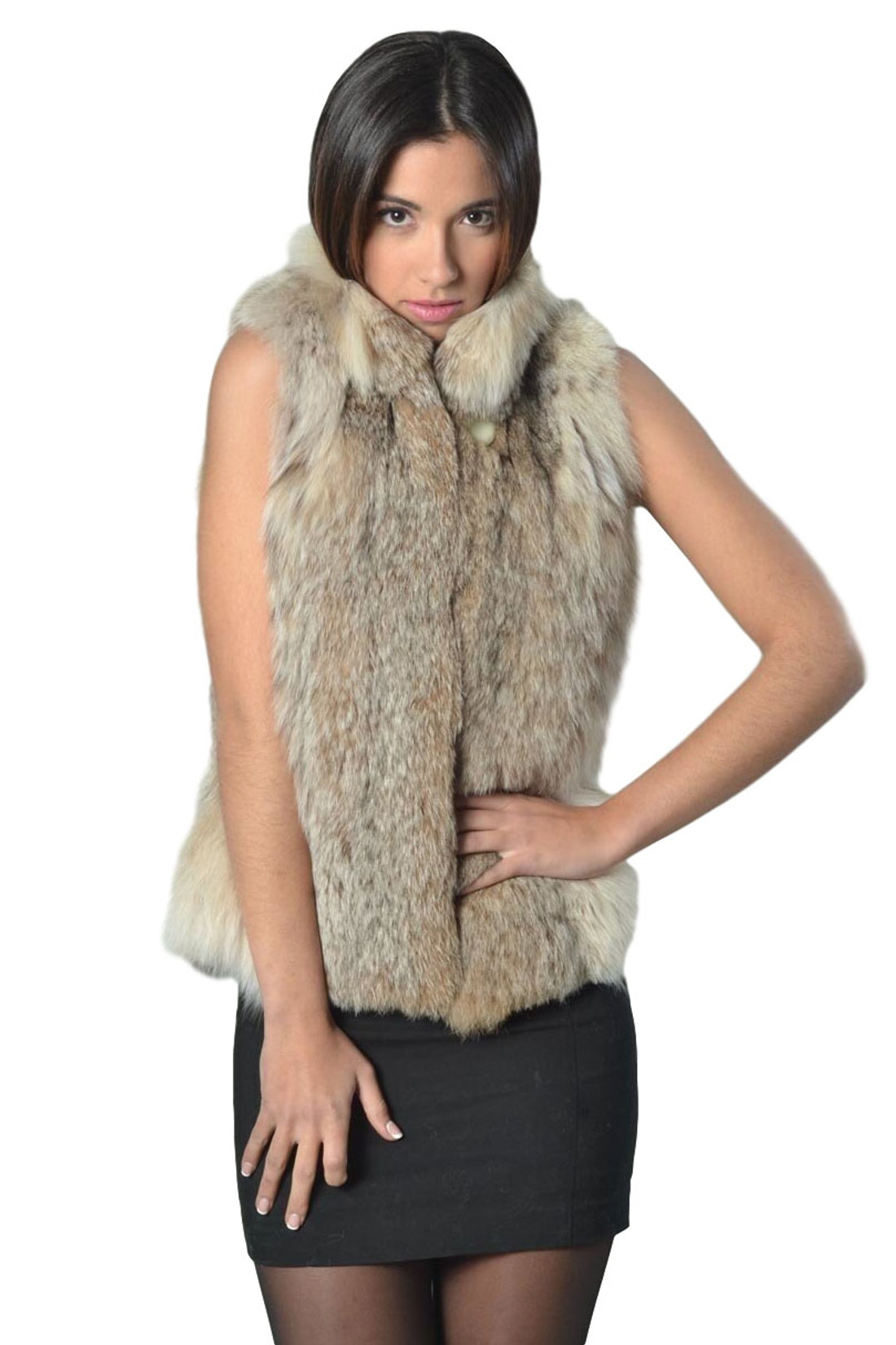 lynx fur vest  , waist lengthwith short stand up round collar on model matched with black mini cocktail dress