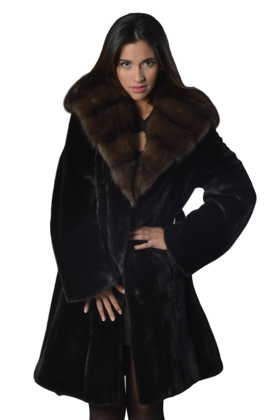 Black Mink Fur Coat  With Sable Cobra   Hood Ending In Sable Shawl Collar