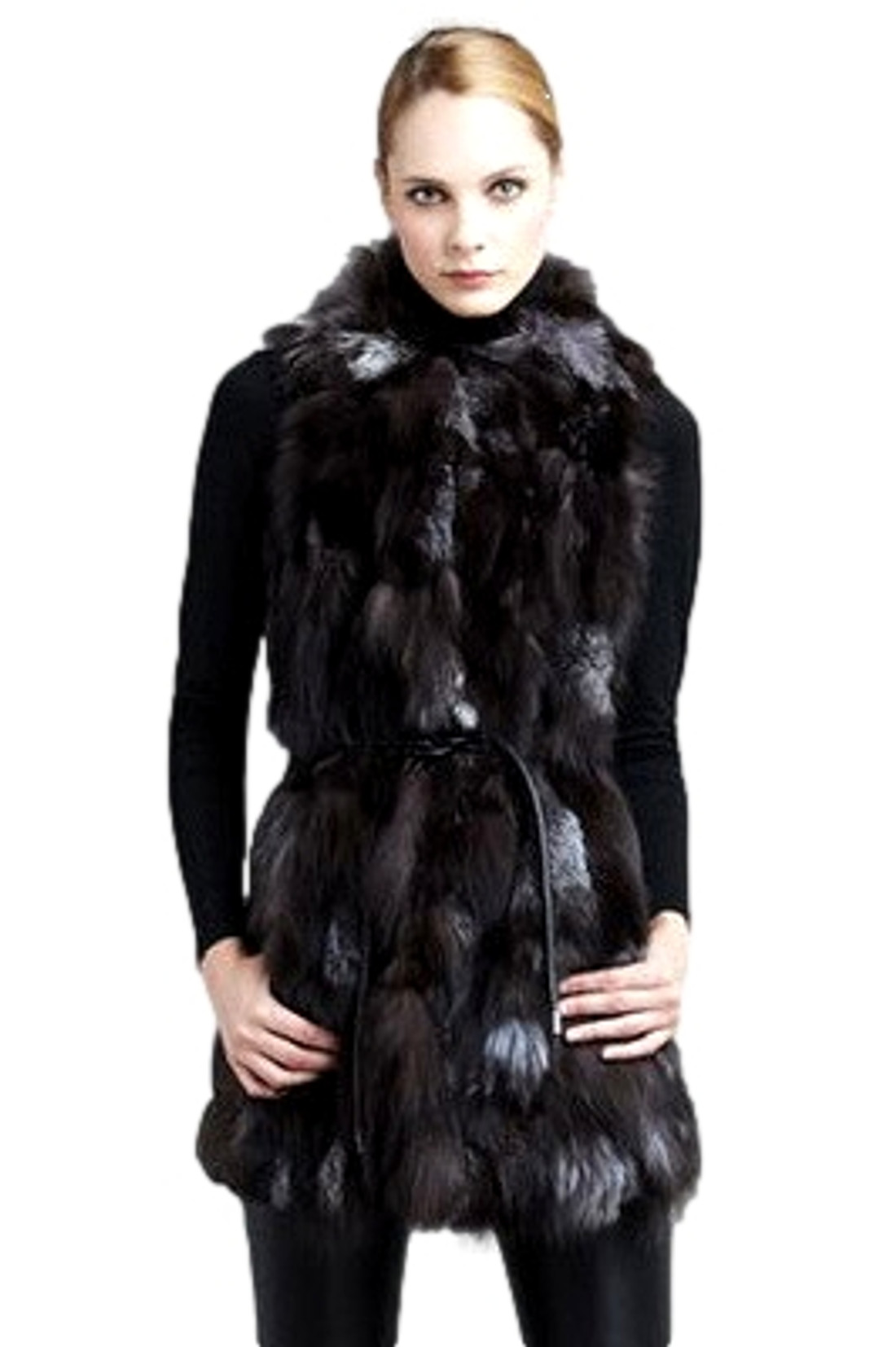 Silver Fox Fur Vest  Leather String Belt Silver Fox Fur Vest  Leather String Belt