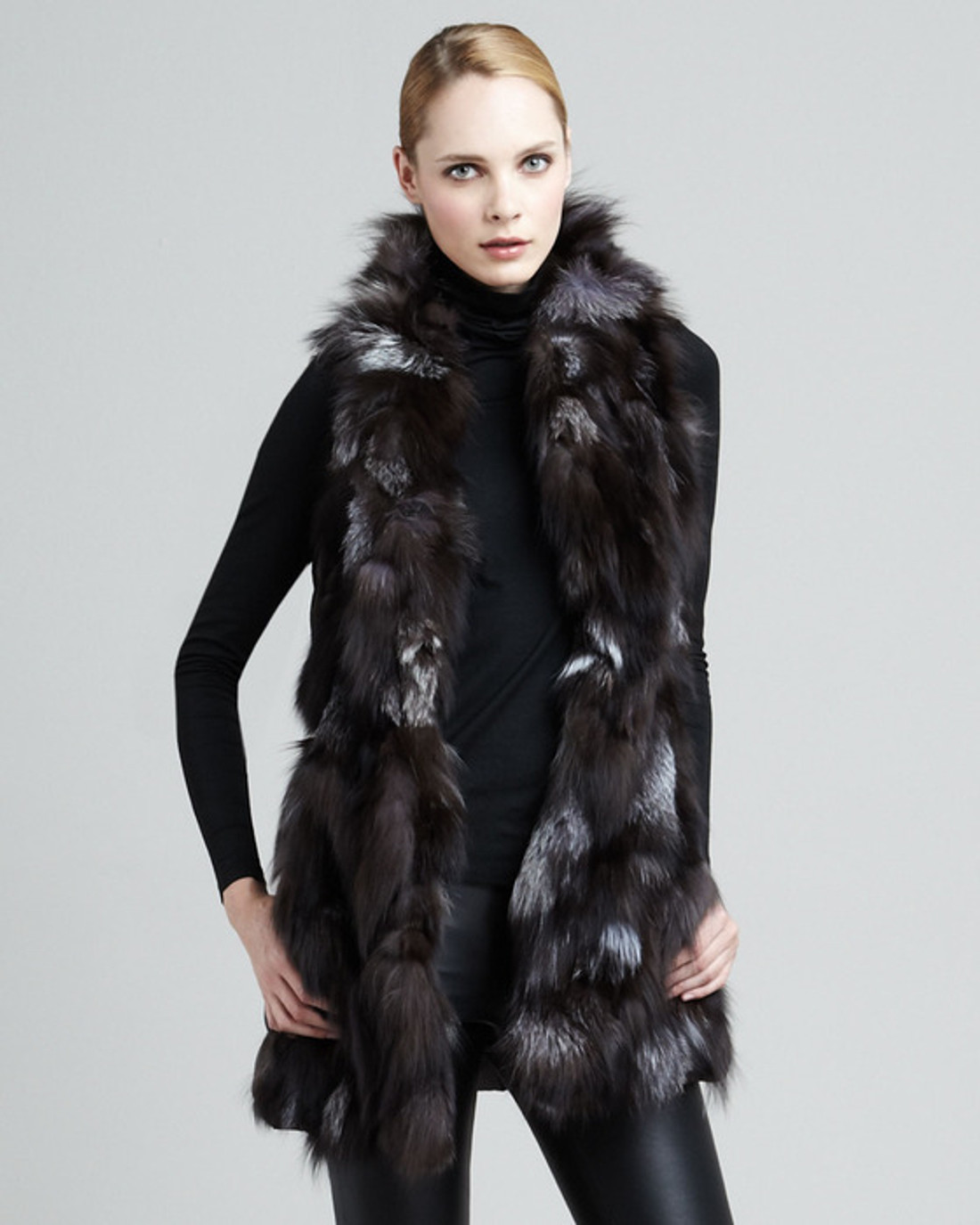 Silver Fox Fur Vest  Leather String Belt unfastened