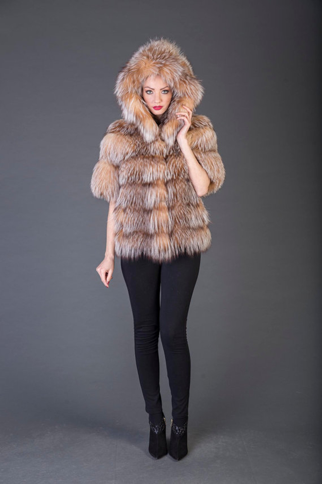 Tan  Hooded  Short  Sleeved Racoon  Fur coat