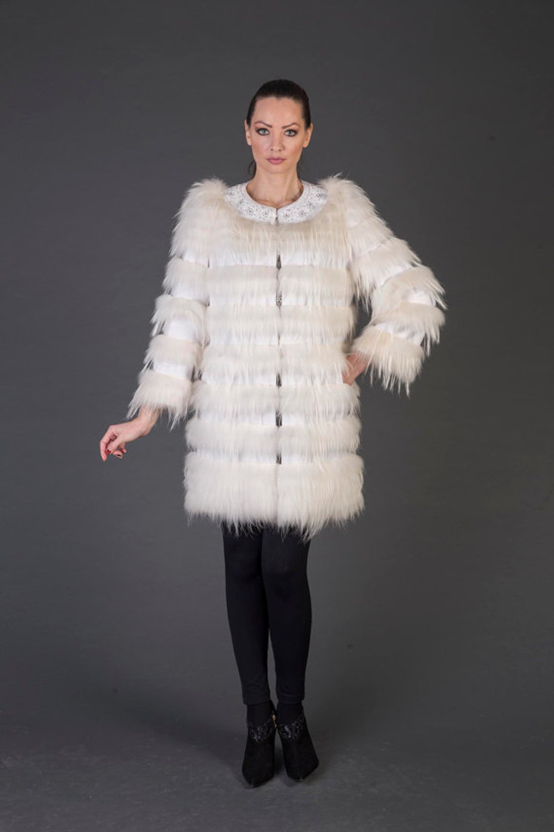 white Racoon Fur coat full skin