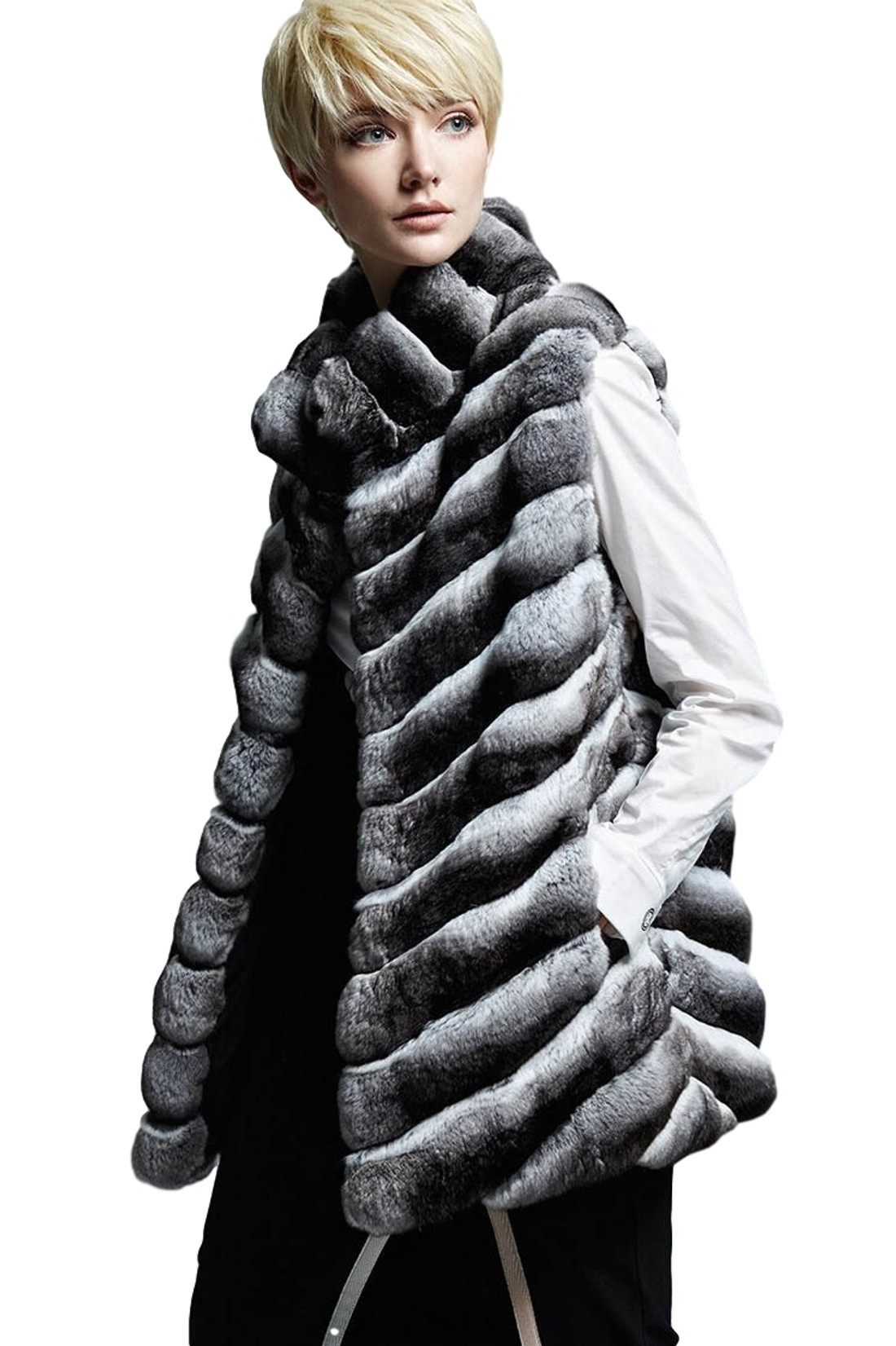 chinchilla fur vest with stand up collar on model with short haircut