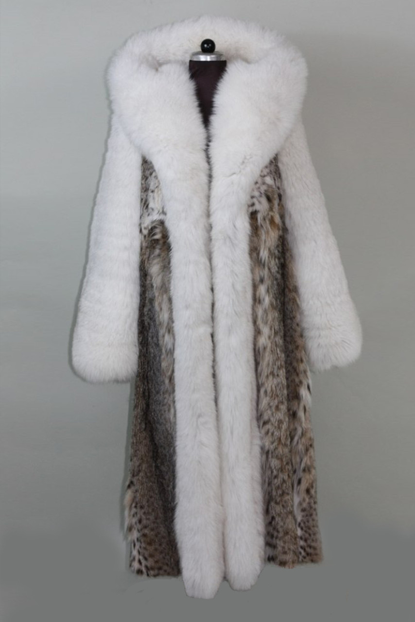 Full Length Lynx Fur Coat with fox  hood waterfall hem and fox sleeves front view