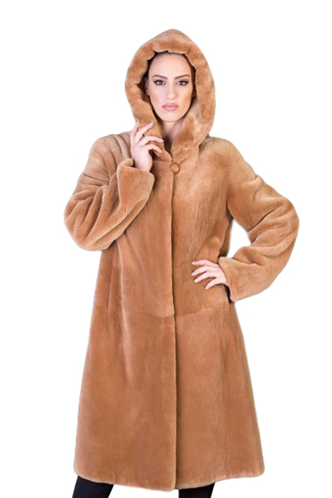 Light Brown Beaver Fur Coat Hooded