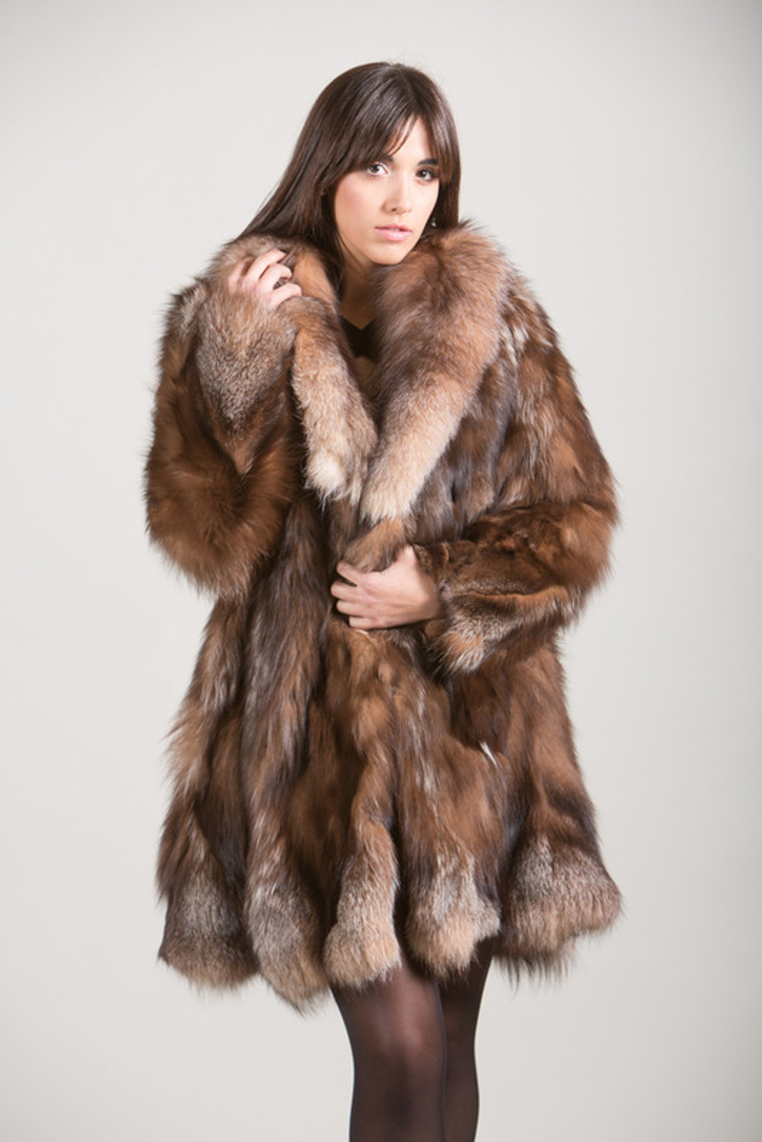 Crystal Fox Fur Coat knee length with fox fur shawl collar