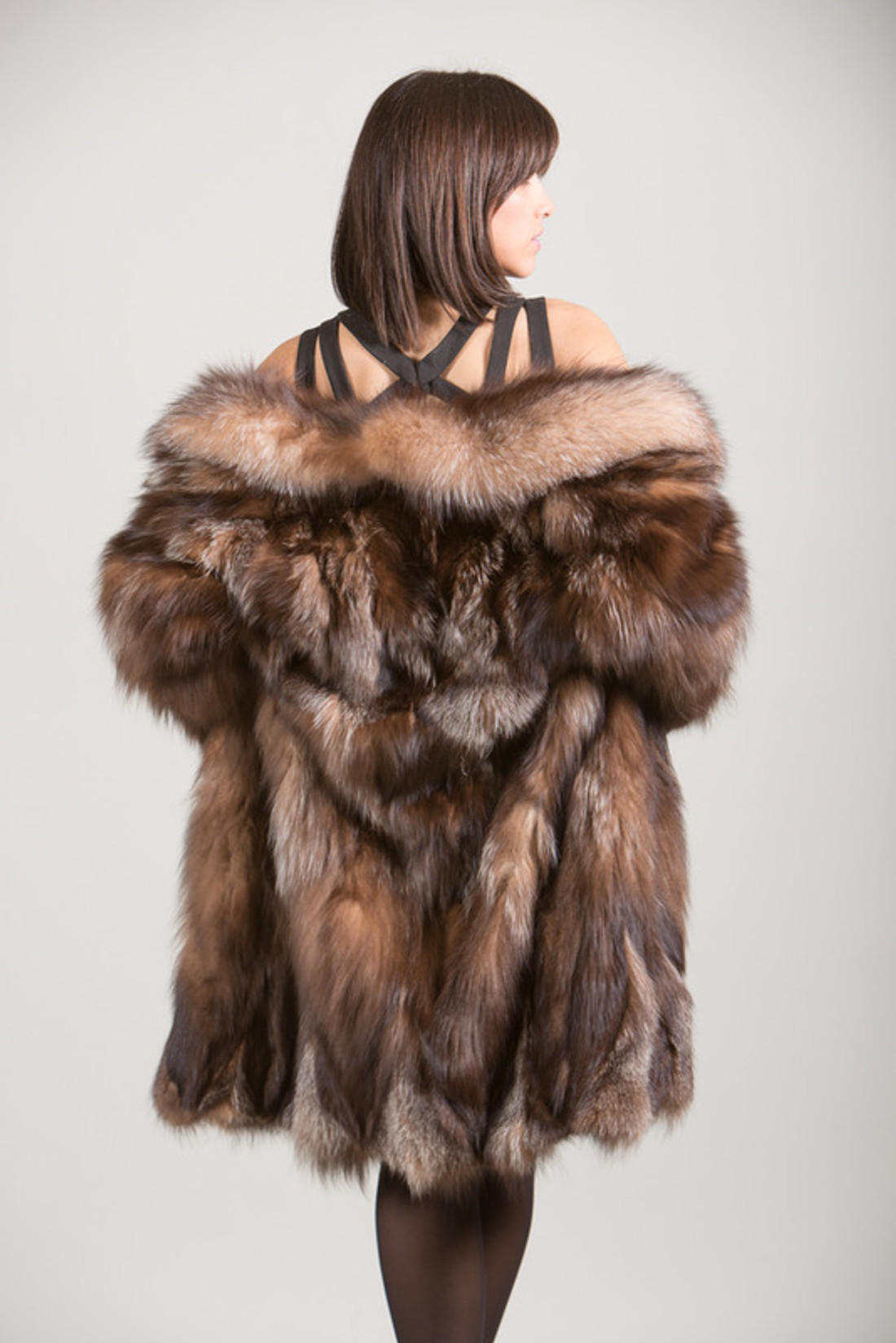 Crystal Fox Fur Coat with shawl collar rear view