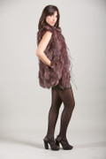 Purple Fox Fur Vest collarless side view on model with black mini dress and black suede high heels
