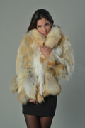 Golden island  Fox Fur Coat with fox fur shwal collar on model wearing black dress