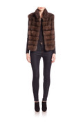light brown sable fur vest on model with black jeans front full body view unbuttoned