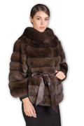 profile view of sable fur jacket with silk belt on model profile view of sable fur jacket with silk belt on model