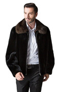 Mens Mink Fur Coat Black with Mahogany mink fur  Collar on male model matching with white shirt dark gray pants and  leather shoes close view Mens Mink Fur Coat Black with Mahogany mink fur  Collar on male model matching with white shirt dark gray pants and  leather shoes close view