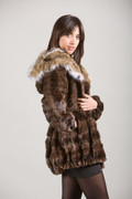 Brown Mink Fur Coat with Lynx Hood side view Brown Mink Fur Coat with Lynx Hood side view