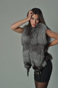 Blue Frost Fox Fur Vest Full Pelt high fashion posing model with tatoo Blue Frost Fox Fur Vest Full Pelt high fashion posing model with tatoo