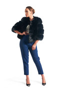 Black Fox Fur Jacket collarless short  sleeves