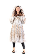 hooded lynx fur coat with hood and sable fur lining , tapered waist and wide bottom sweep hooded lynx fur coat with hood and sable fur lining , tapered waist and wide bottom sweep