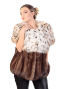 collarless lynx fur coat with short sleeves and sable fur middle bottom , adjustable waist with drawstrings collarless lynx fur coat with short sleeves and sable fur middle bottom , adjustable waist with drawstrings