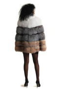 white silver and brown fox fur cape with side slits rear view on model with afro look white silver and brown fox fur cape with side slits rear view on model with afro look