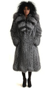 saga fox fur coat silver 3/4 length with hood fully let out , shawl fox collar styled in waterfall pattern  fit in waist and widened bottom sweep saga fox fur coat silver 3/4 length with hood fully let out , shawl fox collar styled in waterfall pattern  fit in waist and widened bottom sweep