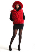 red hooded beaver fur vest with fox trim down insulation