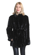 Black Sectional Mink Fur Coat With Belt Black Sectional Mink Fur Coat With Belt