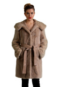 Beige Mink Fur Coat Hooded With Belt