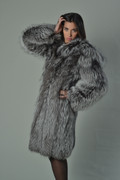 saga silver fox fur coat with hood let out on model profile view