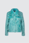 Turquoise Persian Mink Fur Jacket Mink Collar and chest pocket Close Up Turquoise Persian Mink Fur Jacket Mink Collar and chest pocket Close Up